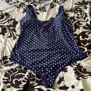 Blue and white polka dot one piece swimsuit